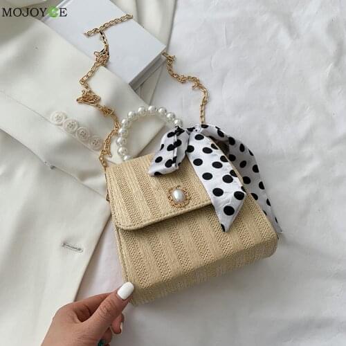 Women Beach Vacation Bag Woven Crossbody Vintage Ladies Pearl Chain Flap Purse Simple All-match Handbag for Female