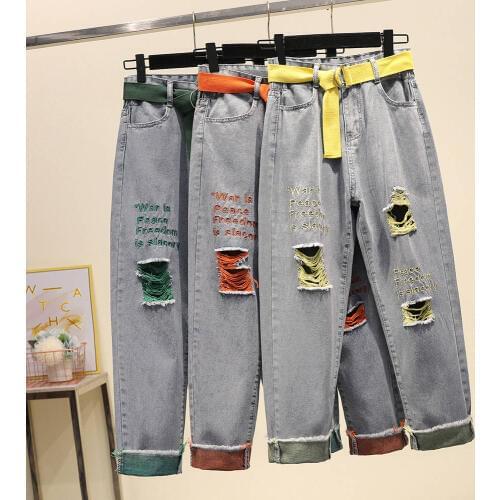 With Belt Embroidery Letters Summer Womens Denim Jeans Ripped Holes Streetwear BF Jeans Feminino Harem Pants Denim Trousers NZ78