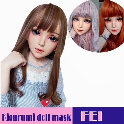 Fei-B)Female Sweet Girl Resin Half Head Kigurumi Mask With BJD Eyes Cosplay Japanese Anime Role Lolita Mask Crossdress Doll