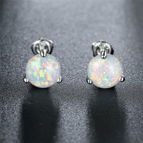 Classic 3 Prong Round Stone Stud Earrings Luxury White Fire Opal Small Earrings Charm Silver Color Screw Back Earrings For Women