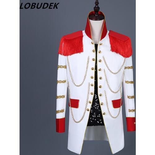 Red court dress Tassels Tide Male Slim Long Jacket Men Singer Dancer Host Stage Outfit Nightclub bar DJ Show Costume stage wear