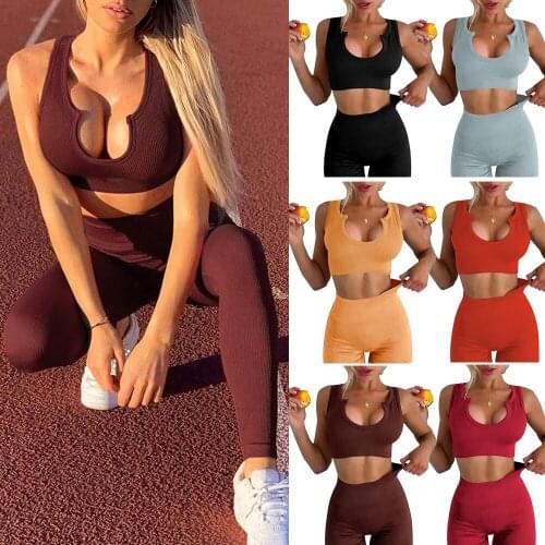 KIWI RATA Workout Outfits for Women 2 Piece Ribbed Seamless Crop Tank High Waist Yoga Pants Sports Leggings Sets