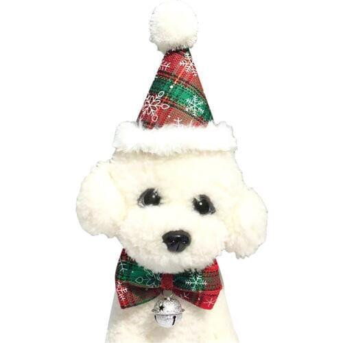 Fashion Christmas Pet Hat Collar Set Pompom Decor Party Cone Hat With Bow Tie Collar For Dogs Cats Pet Clothing Accessories