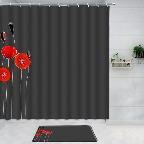 Painted Red Lotus Leaf On Black Background Shower Curtain Set Bath Mats Rugs Bath Curtain Fabric Washable Mat Bathroom Products