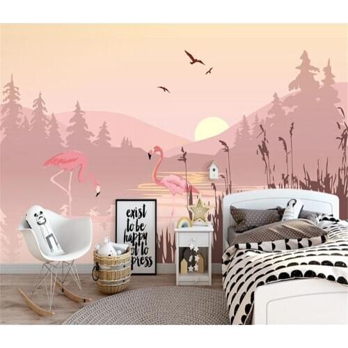 Bacal large non-woven 3D wallpaper mural Nordic simple pink landscape flamingo indoor background wall Home Decor