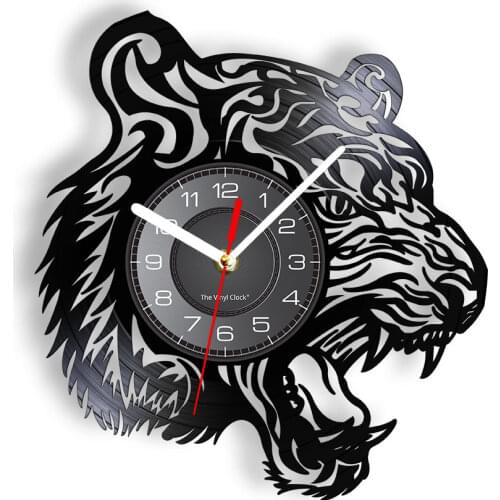Tiger Head Wall Clock Wild Animal Portrait Decorative Clock African Nature Wilderness Tiger Vinyl Record Clock Man Cave Gift