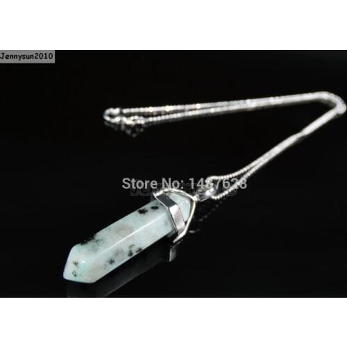 Natural Lotus Jas-per Gems Stones Hexagonal Pointed Healing Reiki Chakra Pendant Beads Silver 17'' Chain Necklace 5 Sets/Pack