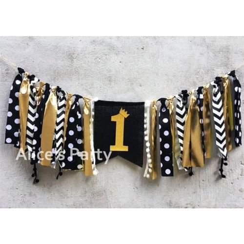 New Black Gold 1 One Inspired Highchair Bunting Boy 1st Birthday Party Garland Banner Baby shower Decorations Nursery Hanging