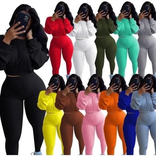 Pure color fashion sports multi-color womens suit Hot-selling two-piece autumn thread elastic and navel exposed