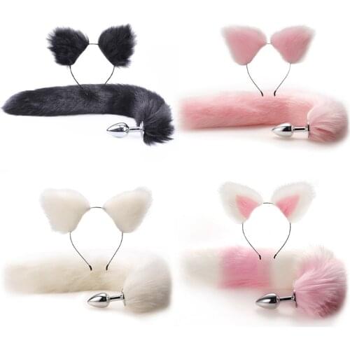 Plush Animal Tail Metal Butt Plug Cat Ears Headband Hair Accessories for Women Cosplay Masquerade Props Adult Game