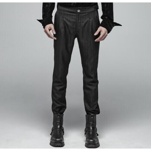 PUNKRAVE Mens Gothic Trousers Micro-elastic Stripe PU Leather Buckle Party Gown Long Pants