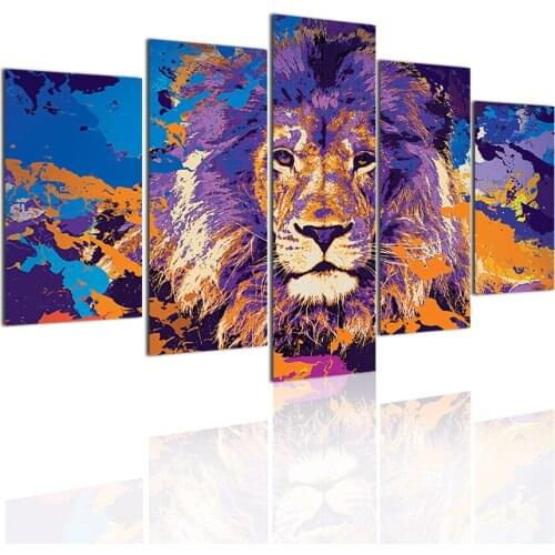 Colorful Lion Face Abstract 5 Panels DIY Wood Frame Canvas Painting Posters Wall Art Print Picture Living Room Home Decoration