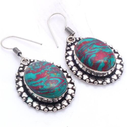 Genuine Rainbow Calsilica Silver Overlay on Copper Earrings , Hand made Women Jewelry Gift, E5861