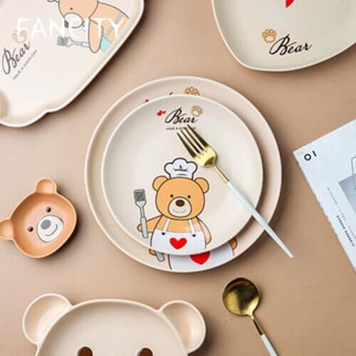 FANCITY Cute childrens tableware dish plate creative household ceramic steak western food plate breakfast dumpling plate dish
