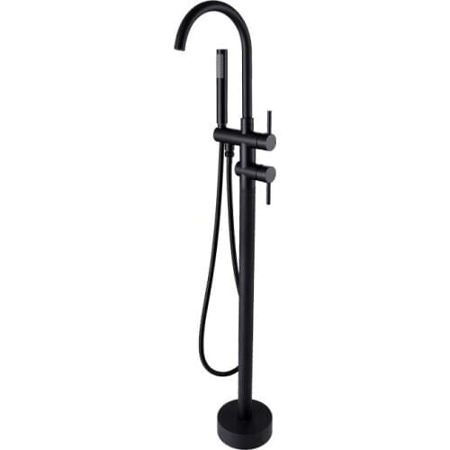 Luxurious Wholesale Matt Black High Rise Round Spout Bath Mixer Tap Floor Mounted Bathtub Filler Shower Roman Tub Faucet Set