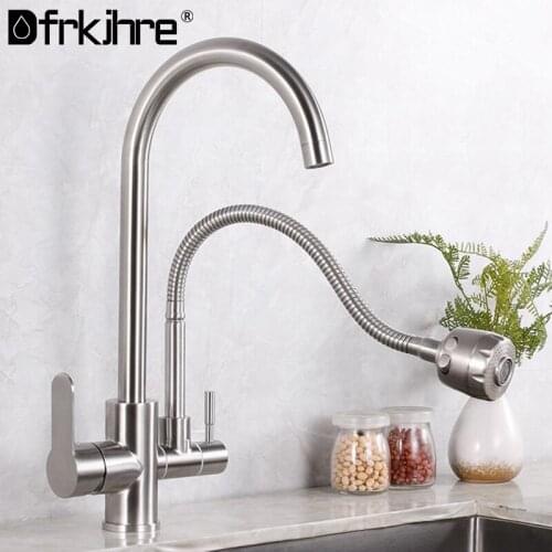 Kitchen Faudcet Pull Out Spray 304 Stainless Steel 360 Rotation Brushed Nickel Three Ways Sink Mixer Faucet Hot Cold Crane