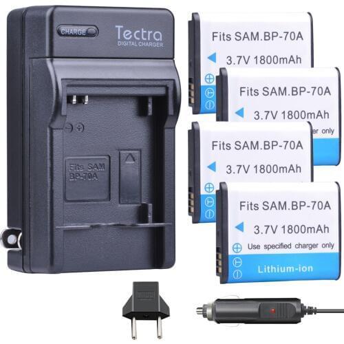 Tectra 4Pcs 1800mAh BP-70A Battery + Digital Charger for Samsung ST60 ST61 ST70 ST71 ES65 ES67 ES70 ES71 ES73 ES74 SL50 SL600