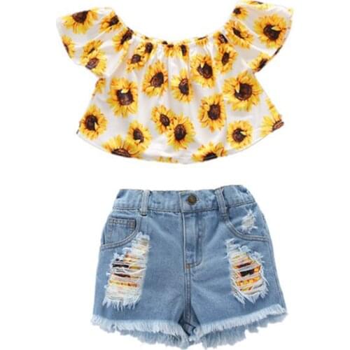 2021-01-28 Lioraitiin 1-6Years 2Pcs Set Kids Girls Clothing Off Shoulder Sunflower Print Short Sleeve Tops+ Denim Shorts