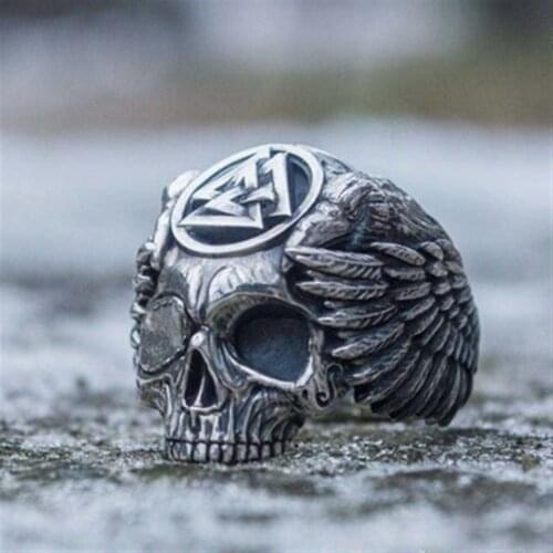 Vintage Gothic Odin with Ravens Skull Ring Mens Viking Valknut Skeleton Ring Hip Hop Norse Amulet Jewelry