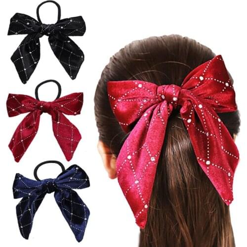 12pcs Korean Rhinestones Velvet Steamer Hair Rope Women Bow Ties Ponytail Holder Girls Elastic Hair Bands