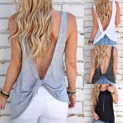 Women Sexy Sleeveless Backless Shirt Knotted Tank Top Blouse Vest Tops Tshirt Hoodie Back Hole T-Shirt with Pocket Tank Top Tee