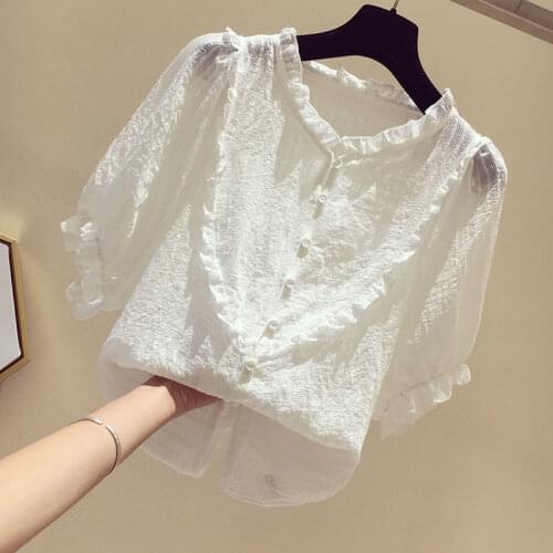 Chiffon shirt womens short-sleeved 2021 new summer Korean version loose sweet foreign style V-neck wooden ear shirt casual top