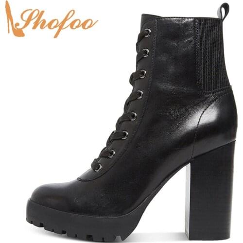 Black High Chunky Heels Ankle Boots Woman Round Toe Lace Up Zipper Booties Big Size 13 16 Lady Fashion Patent Leather Shofoo