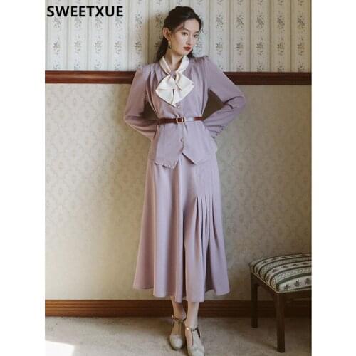 SWEETXUE Vintage Two Pieces Set Womens Suits Spring Round Neck Bow Long Sleeve Tops High Waist Pleated Skirt Female Fashion