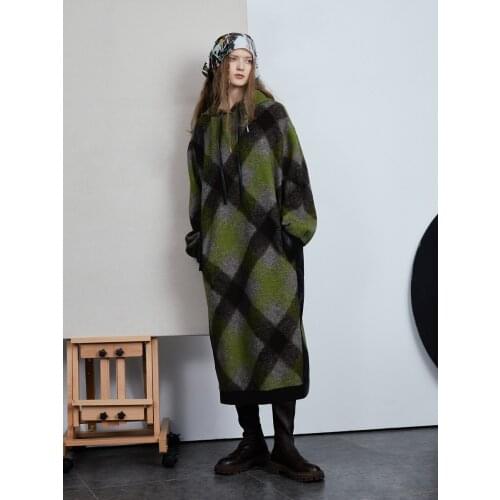 IRINACH466 Fall Winter 2021 Collection Original Design PU Leather Patchwork Plaid Hooded Long Wool Dress Women