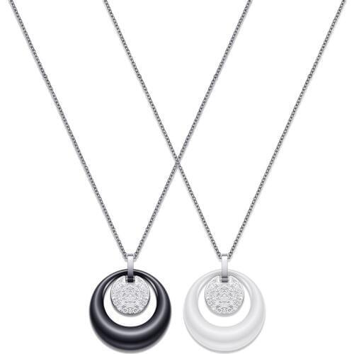 Stainless Steel Crystal Double Layers Circle Ceramic Pendant Necklace For Women Rhinestone Black White Women Ceramic Necklace