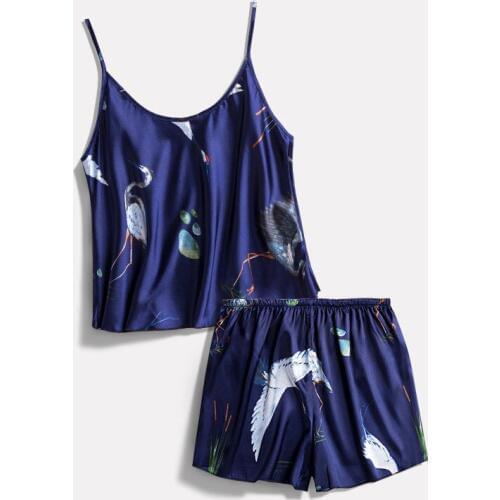 Women Silk Sexy Summer Lingerie Pijiama Satin Crane Spaghetti Strap Shorts Pajamas Gown Two Piece Pajama Sets Pink Sleepwear