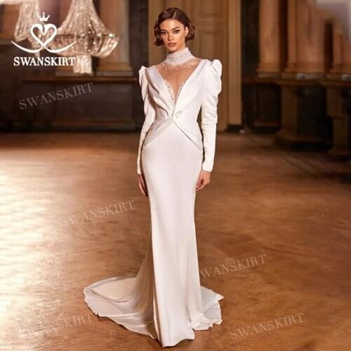 V-neck Long Sleeve Wedding Dress 2021 Beaded Open Back Mermaid Princess Vestido De Novia SwanSarah M105 Plus Size Bridal Gown