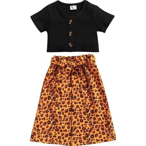 2021 1-6Y Fashion Kids Baby Girl Clothing Set Black Solid Button Short Sleeve T-shirt Crop Top+Leopard Long Skirt With Belt 2pcs