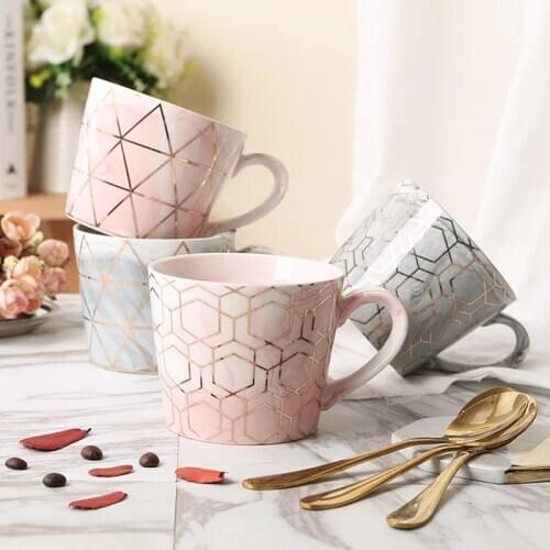 360ml marble coffee mugs with geometric gold design ceramic marble office drinking mugs cups for office and gift