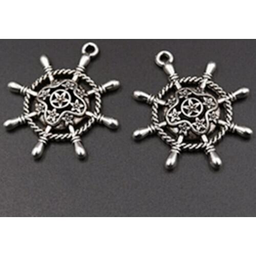 6pcs Silver Plated Retro Pirate Ship Rudder Charm Alloy Pendants DIY Metal Jewelry Crafts Making 37*33mm A554