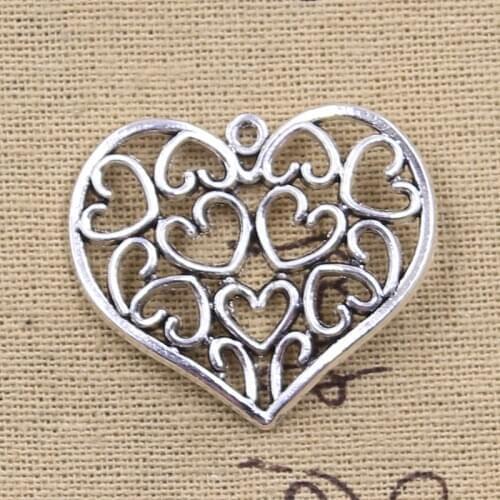 8pcs Charms Hollow Heart 31x36mm Antique Silver Color Pendants DIY Crafts Making Findings Handmade Tibetan Jewelry