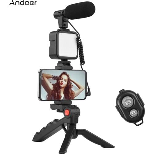 Andoer Phone Vlog Video Kit with Table Tripod Phone Holder with Cold Shoe Microphone LED Video Light Remote Shutter