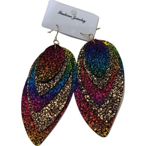 Color New Five Layer Gold Glitter Feather Leather Earrings Sparkly Big Statement Dangle Leaf Earrings Jewelry Accessories