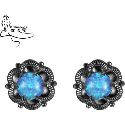 Elegant Flower Black Plated Blue Opal Stud Earrings for Women Lovely Fashion Romantic Jewelry gift