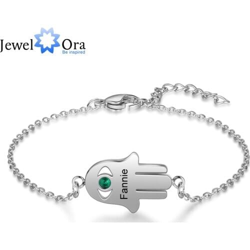 JewelOra Personalized Good Luck Fatima Hand Bracelet with Birthstone Custom Engraving Name Stainless Steel Bracelets for Women