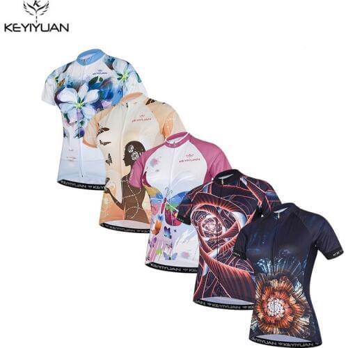 KEYIYUAN Womens Short Sleeve Cycling Jersey Quick Dry Breathable MTB Bike Clothing Full Zip Tops T-shirt ropa ciclismo