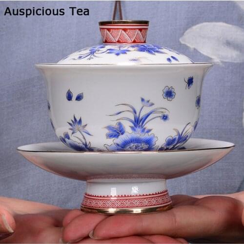 180ml China Ceramic Cup Outline In Gold Porcelain Tureens Hand Painted Flower Sancai Gaiwan Tea Set Tea Bowl Kung Fu Tea Teaware