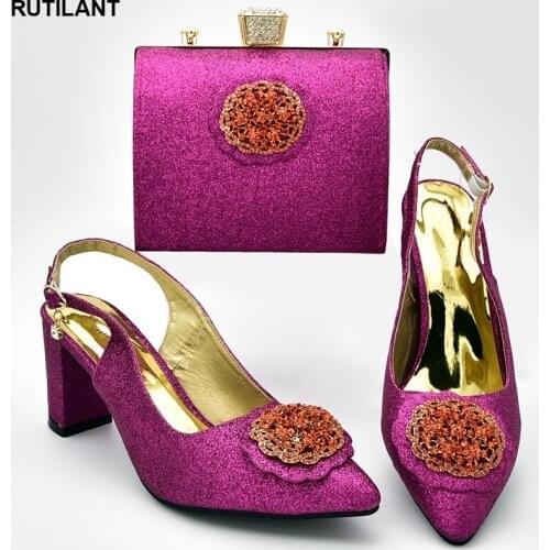 Fuchsia Color Nigerian Shoes and Matching Bags Set Decorated with Rhinestone Shoe and Bag for Nigeria Party Wedding Shoe and Bag