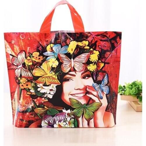Red Gift Plastic Bag With Handle Clothes Storage Bag Girl Flower Print Plastic Packaging Boutique Shopping Gift Handle Bag 10pcs