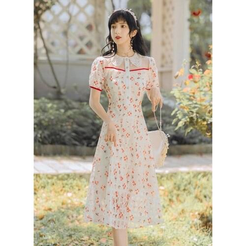 Summer French Floral Lace Doll Collar Sweet Kawaii Dress Female Puff Sleeve French Romantic Fairy Dress Vestidos
