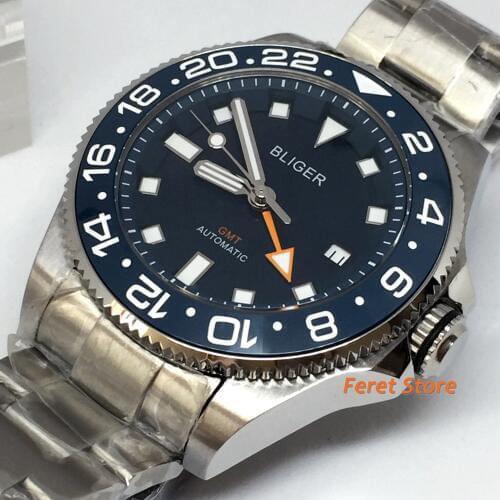 Bliger 43mm Top Luxury Mechanical Watch Silver Case Sapphire Glass blue Ceramic Bezel Luminous Mens GMT Automatic Watch