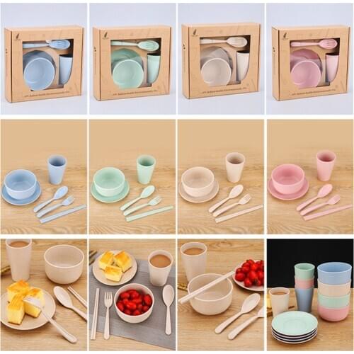 6pcs/Set Wheat Straw Tableware Set Cutlery Baby Children Dishware Simple Dishes Salad Bowl Steak Plate Reusable Dinnerware Kit