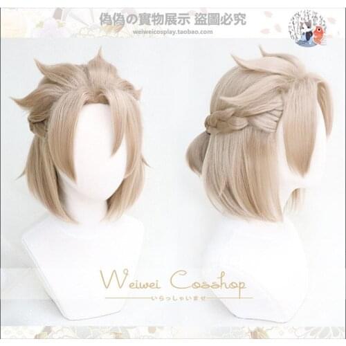 Genshin Impact Albedo Cosplay Wig 35cm Short Braided Small Ponytail Heat Resistant Hair Role Play Halloween