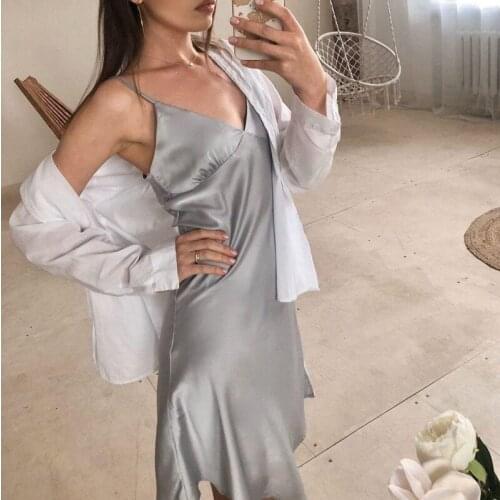 Spaghetti Strap Pajamas Party Dress 2021 Elegant Solid Color Female Dress Homewear Vestidos Women Sexy Deep V Neck Satin Dresses