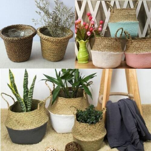 Bamboo Foldable Storage Baskets Laundry Straw Patchwork Wicker Rattan Seagrass Belly Garden Flower Pot Planter Handmade Basket